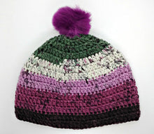 Load image into Gallery viewer, Teen Ladies Winter Chunky Hat with Pompom Grays, White &amp; Plum Colors