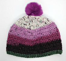 Load image into Gallery viewer, Teen Ladies Winter Chunky Hat with Pompom Grays, White &amp; Plum Colors