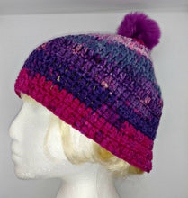 Load image into Gallery viewer, Teen Ladies Winter Chunky Hat with Pompom Pinks &amp; Purple Colors