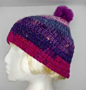 Teen Ladies Winter Chunky Hat with Pompom Pinks & Purple Colors