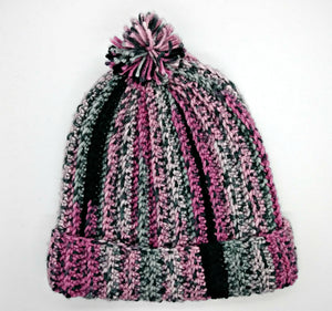 Pink & Black Pompom Basic Winter Hat Ladies Teen