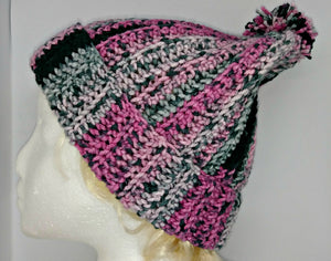 Pink & Black Pompom Basic Winter Hat Ladies Teen