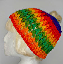 Load image into Gallery viewer, Teen Ladies Messy Bun Hat Favorite Stripe Blue Red Yellow Orange Green