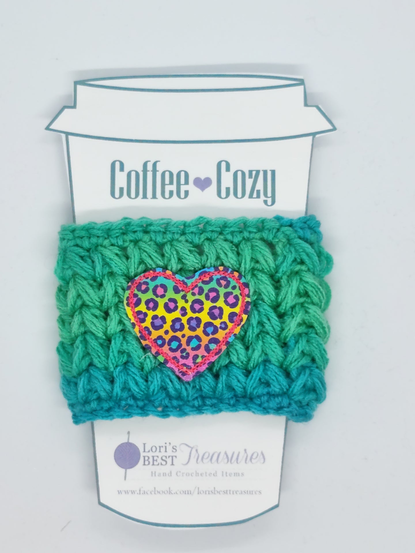 Blue Green Cheetah Heart Coffee Cup Cozy