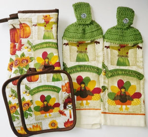 Thanksgiving Turkey Scarecrow Pumpkins Deluxe Hanging Kitchen Towel Set