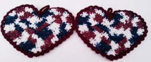 Heart Shaped Burgundy Navy White Potholder Set